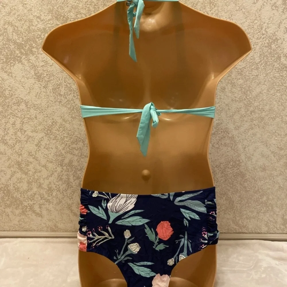 Aqua and Navy Floral Bikini Set